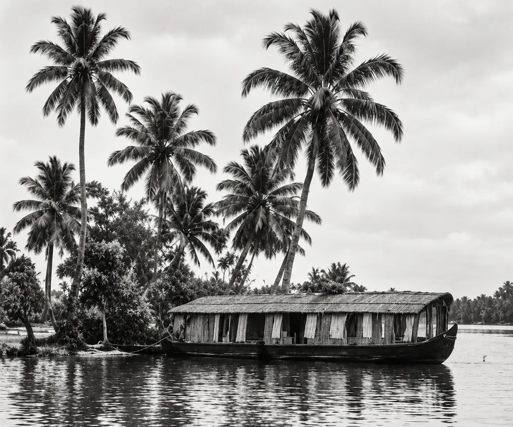 Coconut palms and a houseboat on the Kerala backwaters