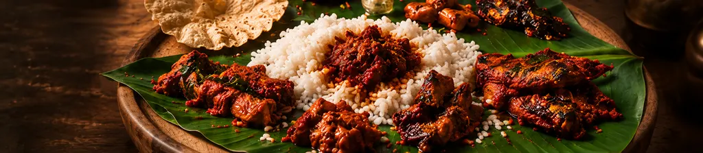 Rice and Kerala pickles served on a banana leaf with papadam