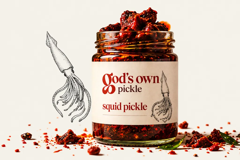 God’s Own squid pickle jar beside a squid engraving, with red chilli pickle scattered across the table
