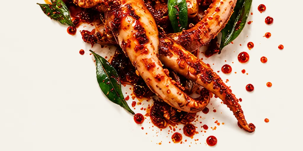 Squid tentacles coated in red chilli masala with curry leaves and drops of chilli oil