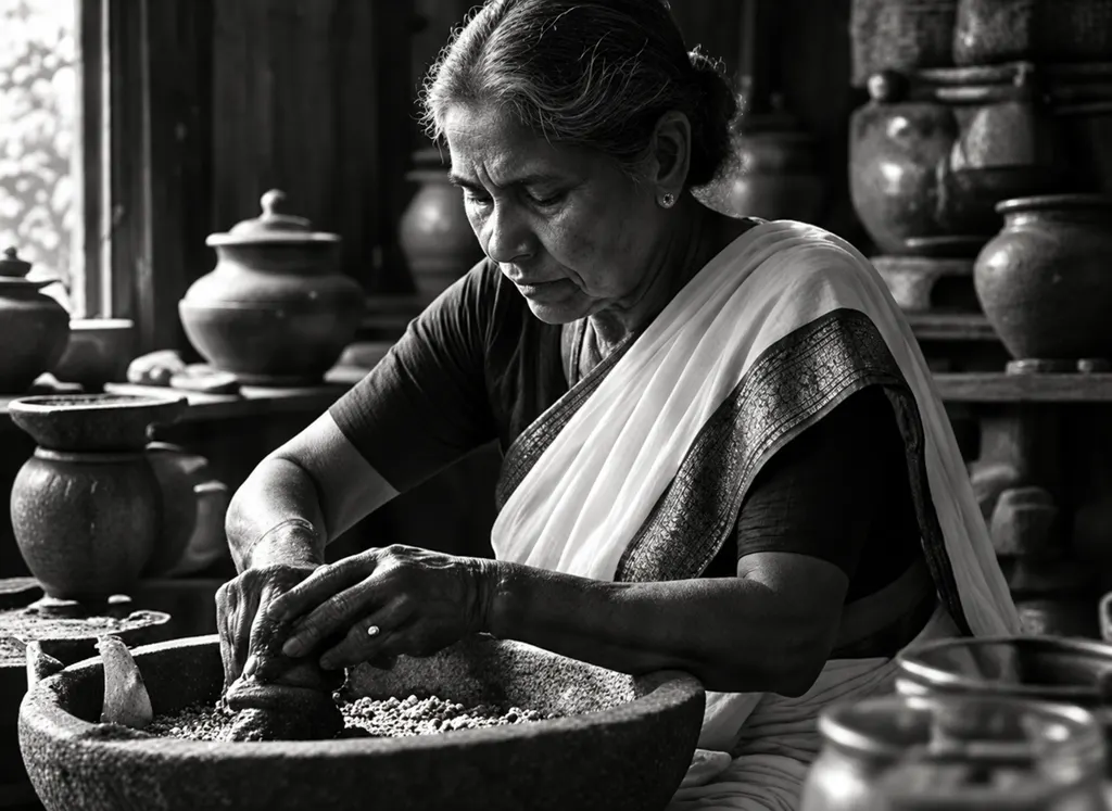 A Kerala grandmother grinding spices by hand in a stone mortar, surrounded by clay pots