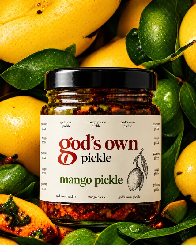 God’s Own Mango Pickle jar with mango and spices