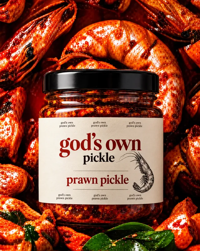 God’s Own Prawn Pickle jar with prawn and spices